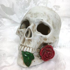 Skull w/ Rose in Teeth  Ceramic Halloween Day of the Dead Vtg